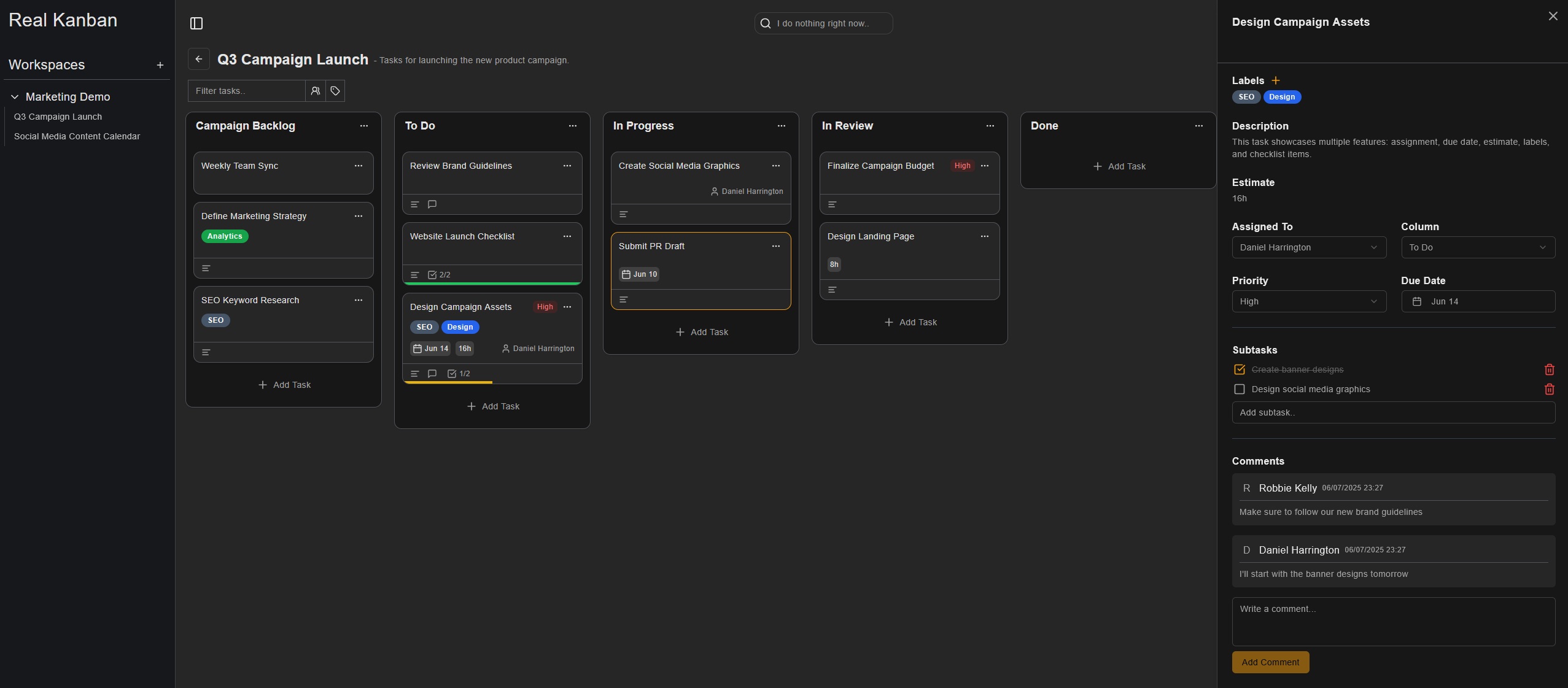 Board view of app with sidebar modal open for selected task
